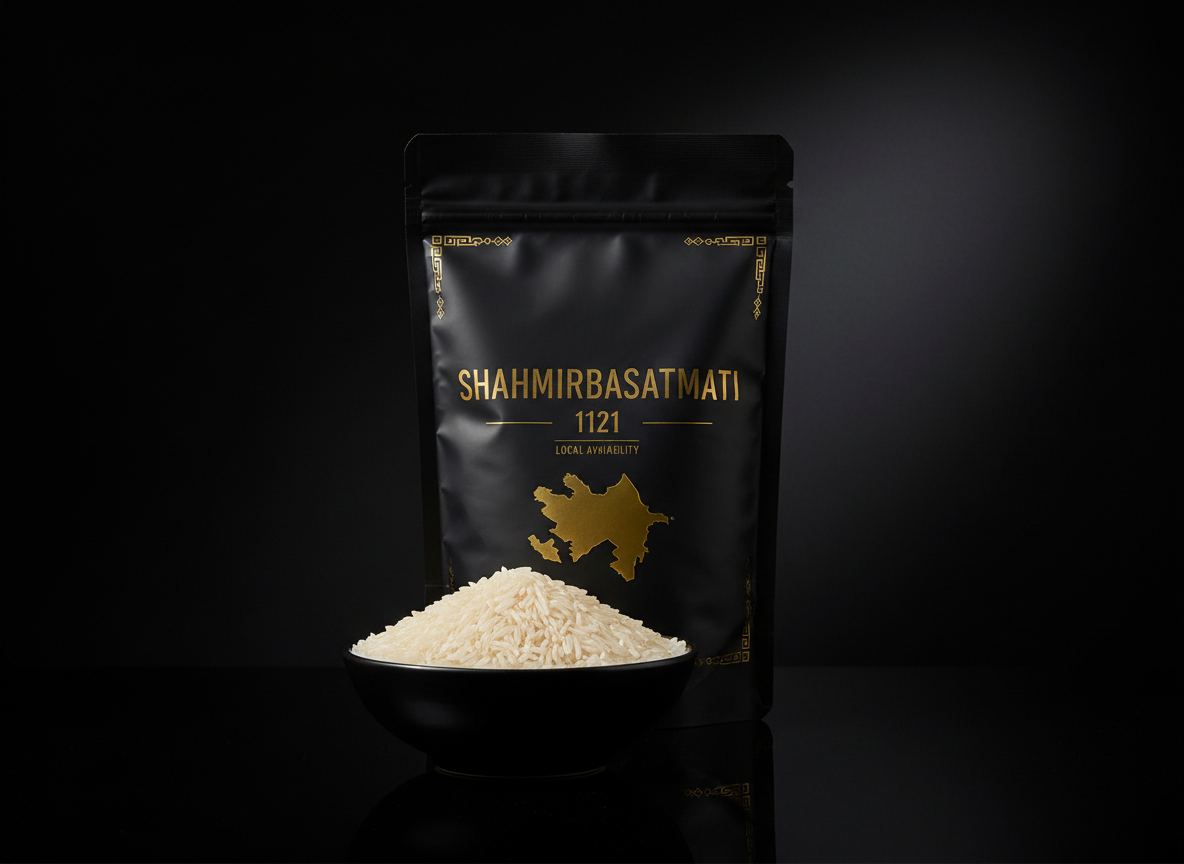 A meticulously arranged, photographic realism close-up of a premium Shahmirbasmati 1121 retail package standing upright on a reflective black surface, its design featuring bold typography, minimal gold accents, and a subtle outline of Azerbaijan to emphasize local availability. In front of the package, a small, elegant black bowl holds a mound of uncooked basmati grains, each grain sharply focused and elongated. A faint reflection of both bag and bowl glows on the glossy surface. Dramatic, high-contrast studio lighting illuminates the package front, leaving the background nearly black for a powerful, billboard-like effect. Captured at a slightly elevated angle with tight framing, the mood is bold, luxurious, and unmistakably high-end.