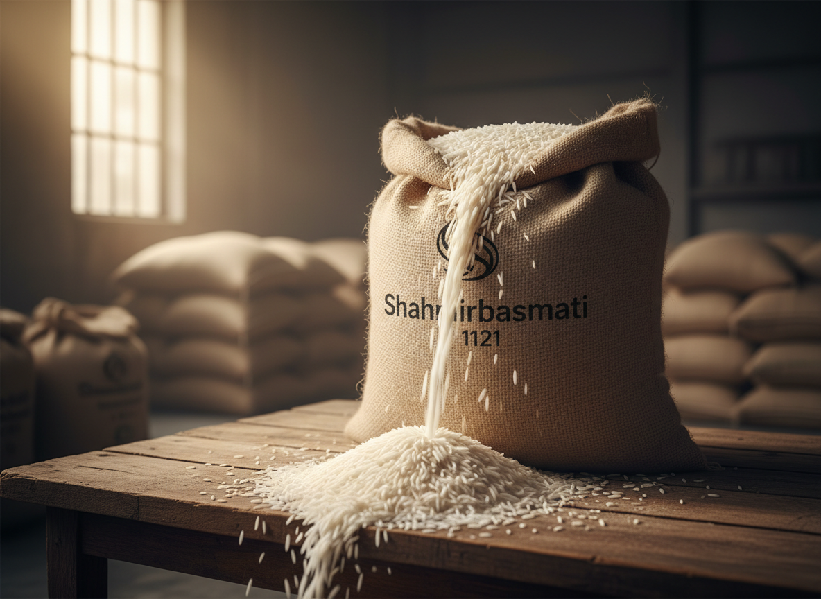 A cinematic, photographic realism scene of a large, natural jute sack branded with a minimal Shahmirbasmati 1121 logo, its top rolled down to reveal a dramatic cascade of long-grain basmati rice spilling onto a rustic wooden table. The table’s deep brown wood grain contrasts sharply with the snow-white rice. In the softly blurred background, neatly stacked rice sacks form a warehouse-like environment, hinting at large-scale supply across Azerbaijan. Warm, directional light from a high side window creates strong highlights on the rice and bold shadows beneath the sack, giving the image a powerful, industrial yet premium mood. Shot from a slightly low angle to make the sack look imposing and authoritative.