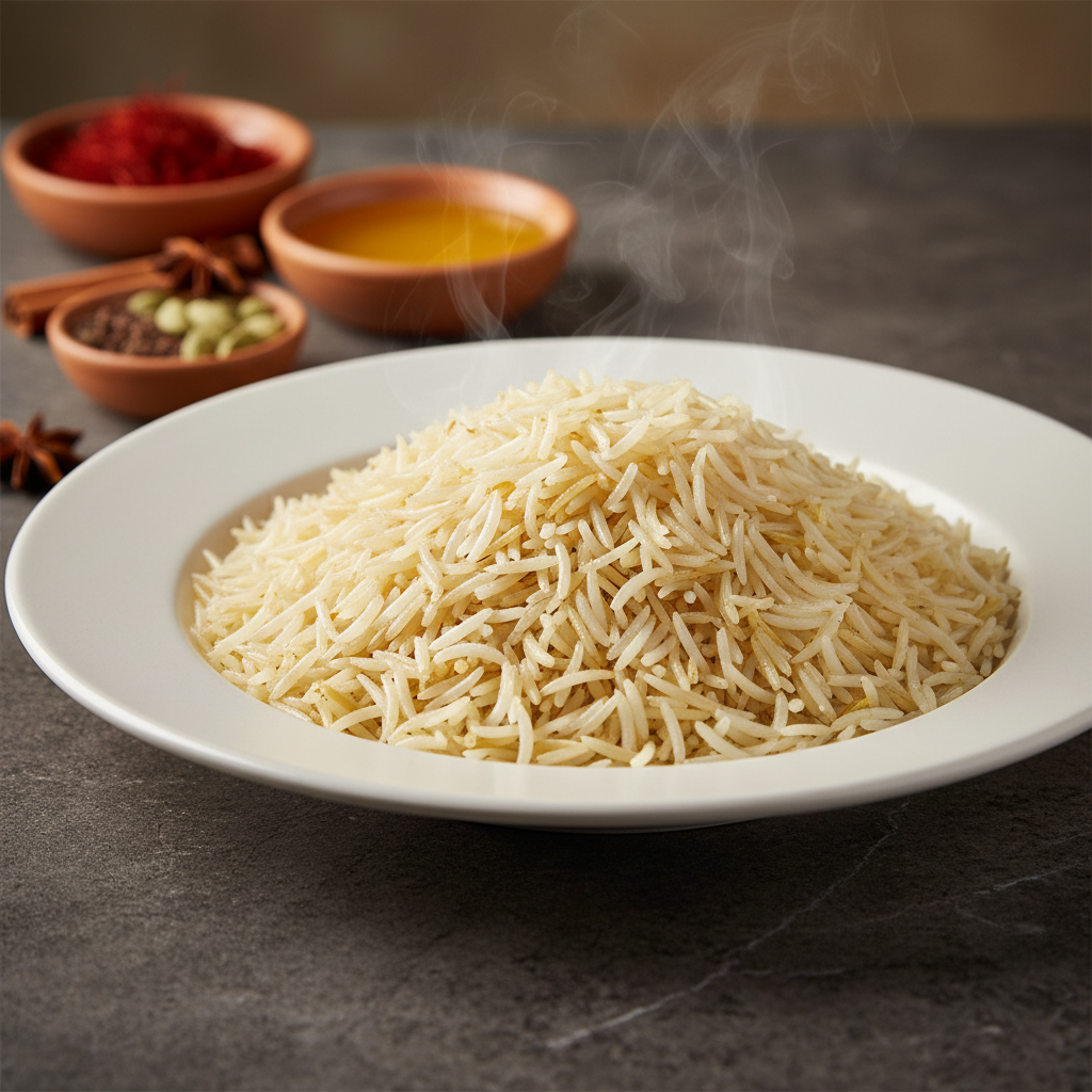 A mouthwatering, photographic realism close-up of freshly cooked Shahmirbasmati 1121 rice presented in a wide, shallow matte-white serving dish, the extra-long grains perfectly separate, fluffy, and glistening slightly as they catch the light. The dish rests on a textured dark stone countertop with a subtle gray marbling pattern. In the softly blurred background, small ceramic bowls of saffron threads, clarified butter, and spices hint at possible Azerbaijani-inspired recipes without showing any people. Soft, warm studio lighting from above and slightly behind the dish creates a subtle rim light along the top of the rice, enhancing its volume and texture. Shot at a three-quarter angle with a shallow depth of field, the mood is bold, appetizing, and irresistibly premium.
