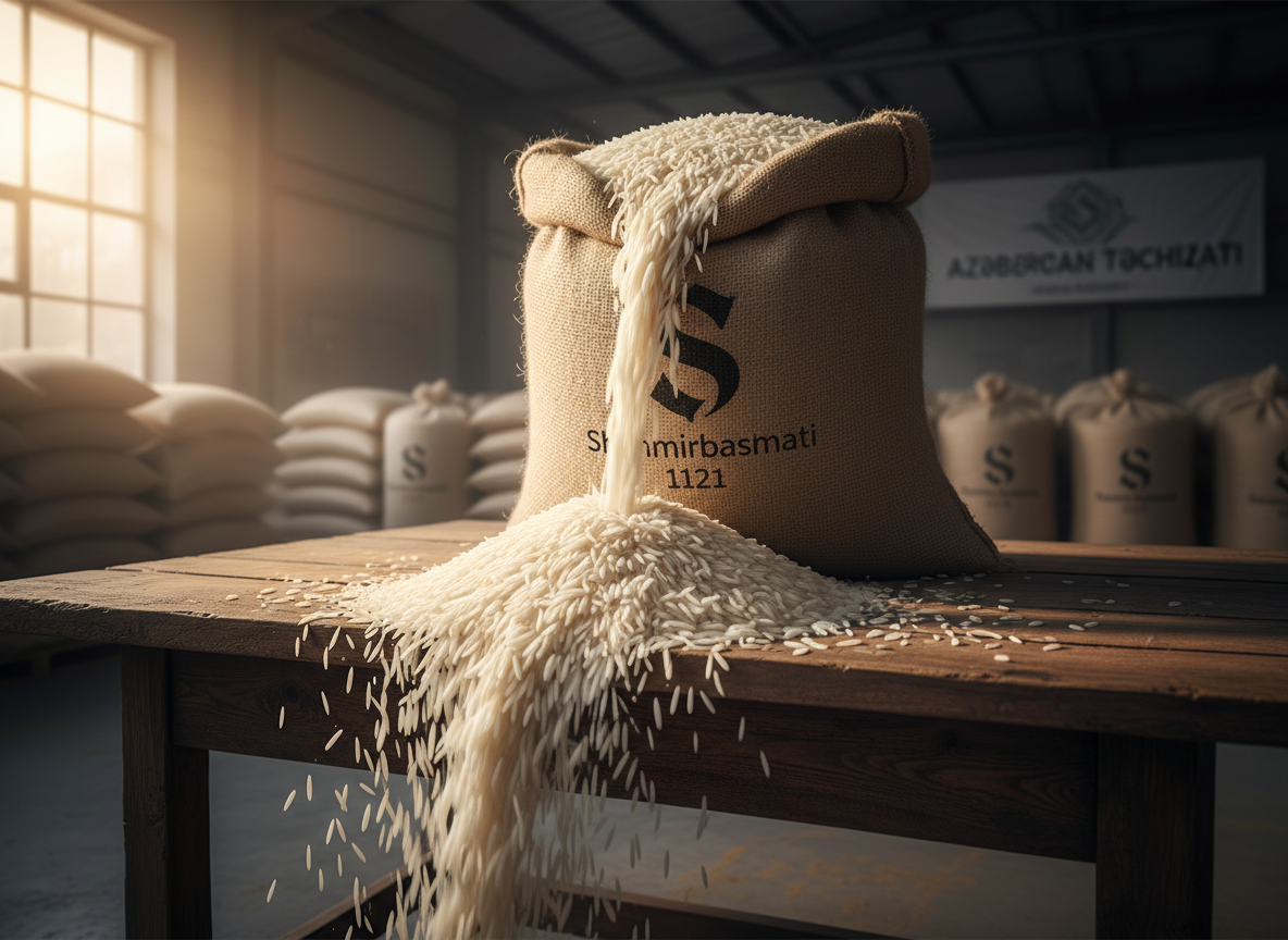 A cinematic, photographic realism scene of a large, natural jute sack branded with a minimal Shahmirbasmati 1121 logo, its top rolled down to reveal a dramatic cascade of long-grain basmati rice spilling onto a rustic wooden table. The table’s deep brown wood grain contrasts sharply with the snow-white rice. In the softly blurred background, neatly stacked rice sacks form a warehouse-like environment, hinting at large-scale supply across Azerbaijan. Warm, directional light from a high side window creates strong highlights on the rice and bold shadows beneath the sack, giving the image a powerful, industrial yet premium mood. Shot from a slightly low angle to make the sack look imposing and authoritative.
