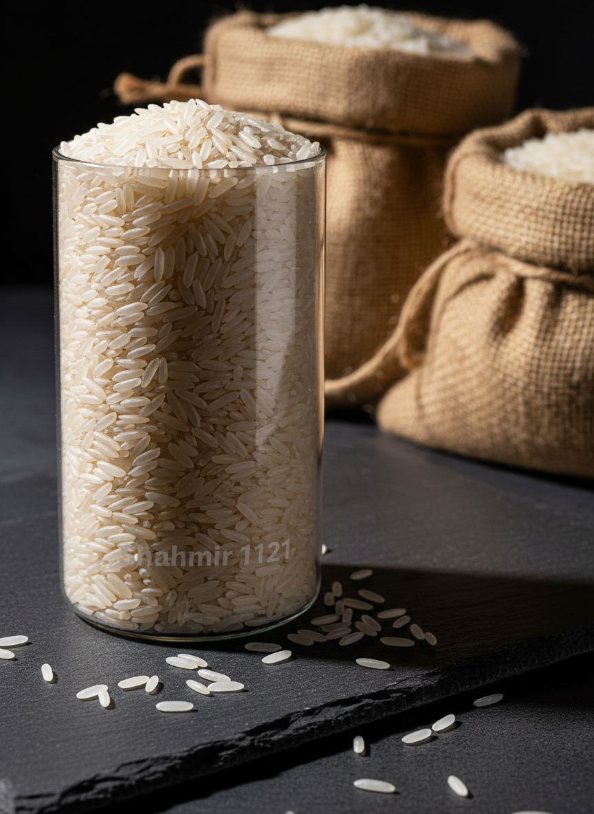 A close-up, photographic realism shot of a tall, transparent glass jar overflowing with long, slender Shahmir 1121 basmati rice grains, each grain pristine, pearly white, and perfectly separate. The jar stands on a dark, matte slate surface sprinkled with a few scattered grains for texture. Behind it, burlap sacks of rice are softly blurred, hinting at abundant stock. Strong, directional studio lighting from the left creates bold highlights on the glass and crisp shadows on the slate, emphasizing the purity and length of the grains. Captured at eye level with a shallow depth of field and a bold, high-contrast look, the mood is confident and premium, ideal for a homepage hero image of Azerbaijan’s finest rice brand.