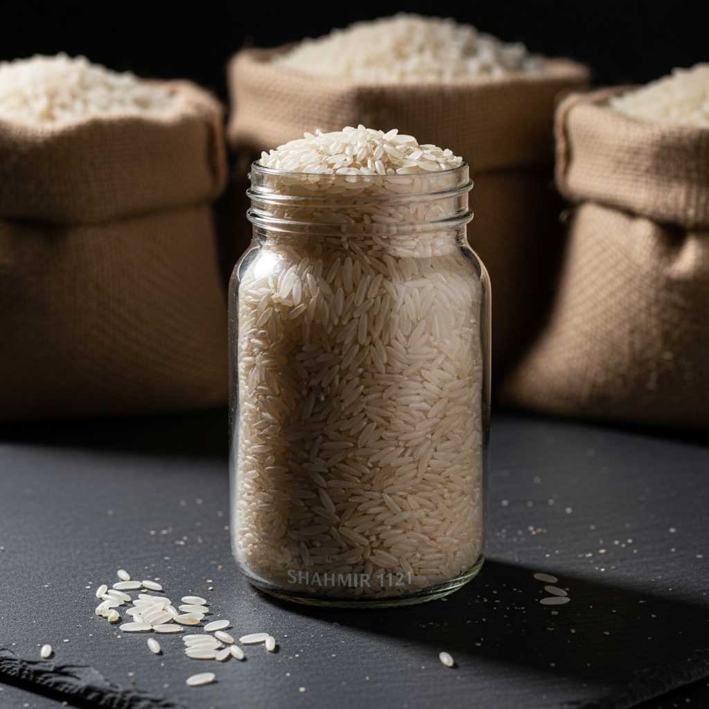 A close-up, photographic realism shot of a tall, transparent glass jar overflowing with long, slender Shahmir 1121 basmati rice grains, each grain pristine, pearly white, and perfectly separate. The jar stands on a dark, matte slate surface sprinkled with a few scattered grains for texture. Behind it, burlap sacks of rice are softly blurred, hinting at abundant stock. Strong, directional studio lighting from the left creates bold highlights on the glass and crisp shadows on the slate, emphasizing the purity and length of the grains. Captured at eye level with a shallow depth of field and a bold, high-contrast look, the mood is confident and premium, ideal for a homepage hero image of Azerbaijan’s finest rice brand.