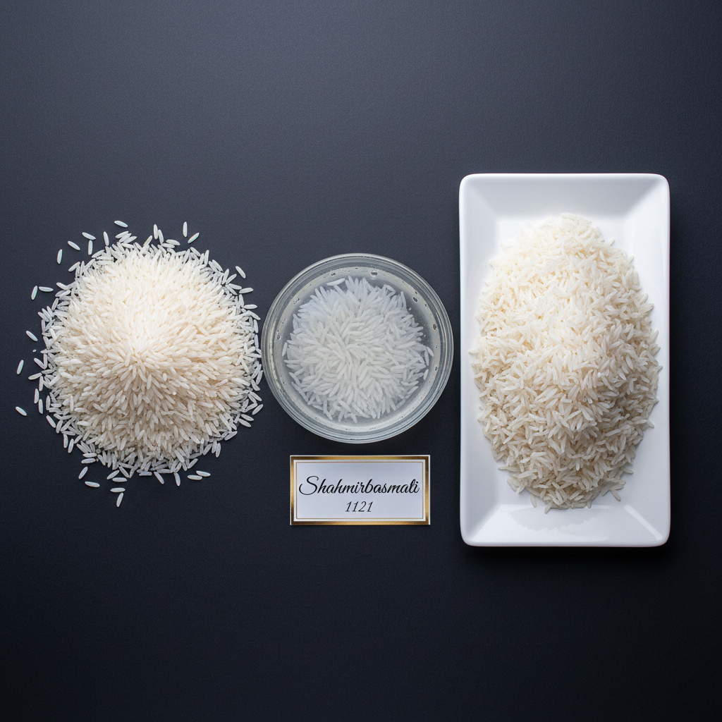 A wide, overhead photographic view of several neat piles of Shahmir 1121 basmati rice arranged on a deep charcoal background, each pile showcasing different stages: raw uncooked grains, rinsed translucent grains in a shallow glass bowl, and perfectly cooked, fluffy, extra-long grains on a sleek white plate. A small card printed with “Shahmirbasmati 1121” in elegant lettering lies near the center. Bright, diffused studio lighting from above eliminates harsh shadows and highlights the contrast between white rice and dark background. The composition uses strong geometry and negative space, creating a clean, modern, and bold atmosphere that communicates quality and precision in every grain.