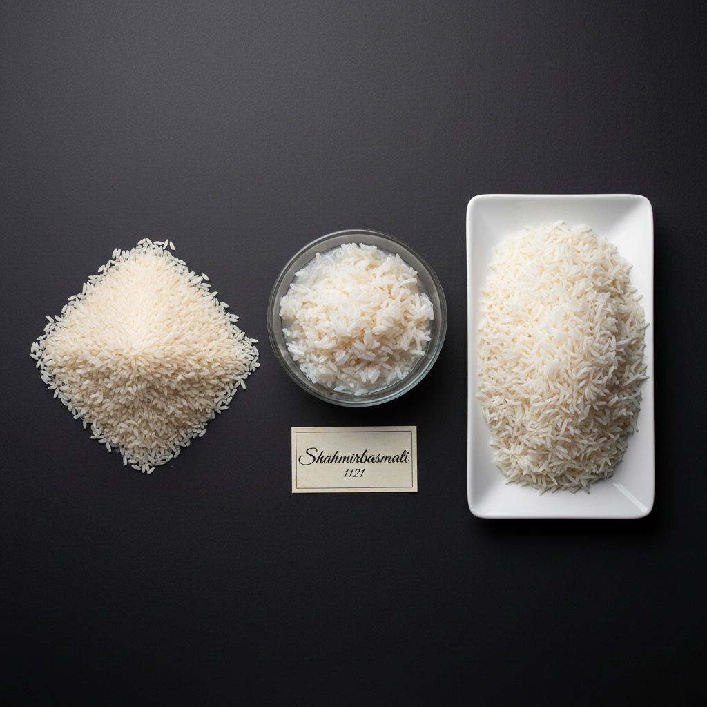 A wide, overhead photographic view of several neat piles of Shahmir 1121 basmati rice arranged on a deep charcoal background, each pile showcasing different stages: raw uncooked grains, rinsed translucent grains in a shallow glass bowl, and perfectly cooked, fluffy, extra-long grains on a sleek white plate. A small card printed with “Shahmirbasmati 1121” in elegant lettering lies near the center. Bright, diffused studio lighting from above eliminates harsh shadows and highlights the contrast between white rice and dark background. The composition uses strong geometry and negative space, creating a clean, modern, and bold atmosphere that communicates quality and precision in every grain.