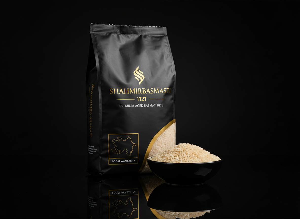 A meticulously arranged, photographic realism close-up of a premium Shahmirbasmati 1121 retail package standing upright on a reflective black surface, its design featuring bold typography, minimal gold accents, and a subtle outline of Azerbaijan to emphasize local availability. In front of the package, a small, elegant black bowl holds a mound of uncooked basmati grains, each grain sharply focused and elongated. A faint reflection of both bag and bowl glows on the glossy surface. Dramatic, high-contrast studio lighting illuminates the package front, leaving the background nearly black for a powerful, billboard-like effect. Captured at a slightly elevated angle with tight framing, the mood is bold, luxurious, and unmistakably high-end.